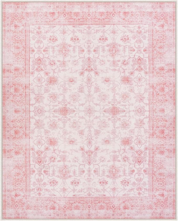 LIVEBOX Pink Area Rug 6x9, Vintage Living Room Rug Machine Washable Area Rugs, Pink Rugs for Bedroom Girls, Indoor Carpet for Dining Room Nursery Dorm Home Decor
