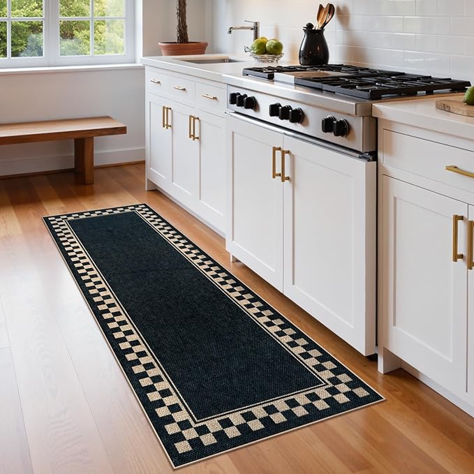 OJIA Easy Jute Runner Rug, 2x6 Kitchen Runner Washable Rug Runners for Hallways Farmhouse Checkered Carpet, Non-Slip Indoor Outdoor Runner Modern Door Mat for Entry Front Door Entryway Porch