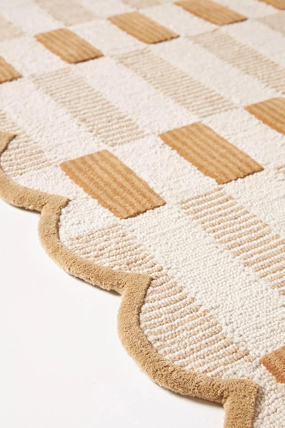 Hand-Tufted Wool Rug with Scalloped Edges, Light Blue Plaid Pattern, Cozy Soft Area Rug for Living Room, Bedroom, and Nursery, Handmade Modern Accent Rug (Green, 12X18 FEET)