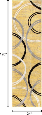 Rugshop Wavy Circles Design Runner Rug, Non-Shedding Carpet for Hallway, Entryway, or Kitchen, Yellow, 2' x 10'