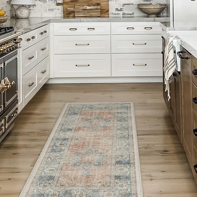 RUGGABLE Washable Vintage Area Rug – Sarrah Coral 6x9, Stain-Resistant, Non-Slip – Medium Machine Washable Rugs for Living Room, Bedroom, Hallway, Entryway & Office–with Standard Pad