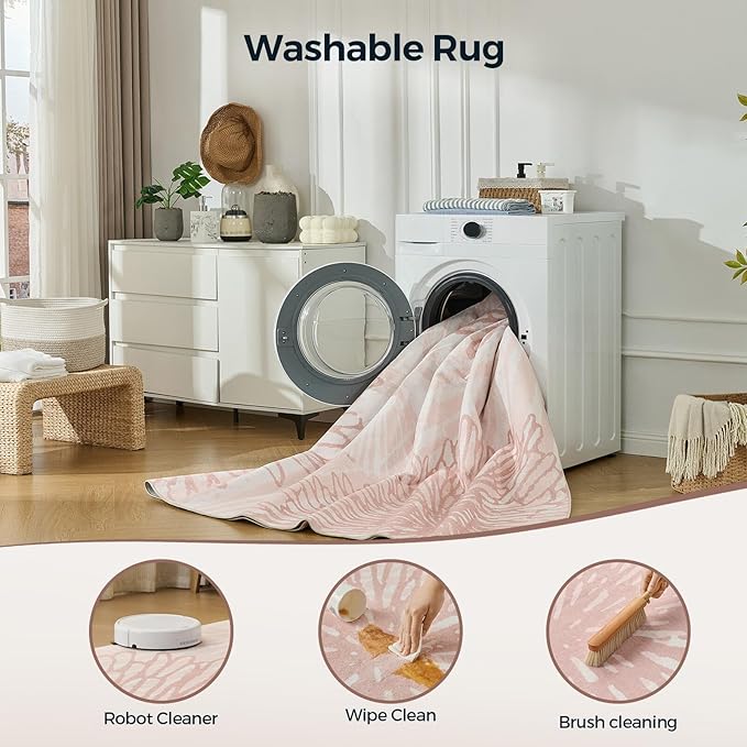 WITSHOCK Pink Rugs 7x9 for Bedroom Girls,Floral Modern Distress Print Pattern Carpet for Living Room Dining Room,Stain Resistant Anti Slip Backing Rugs for Kids Room Nursery Playroom,Light Pink