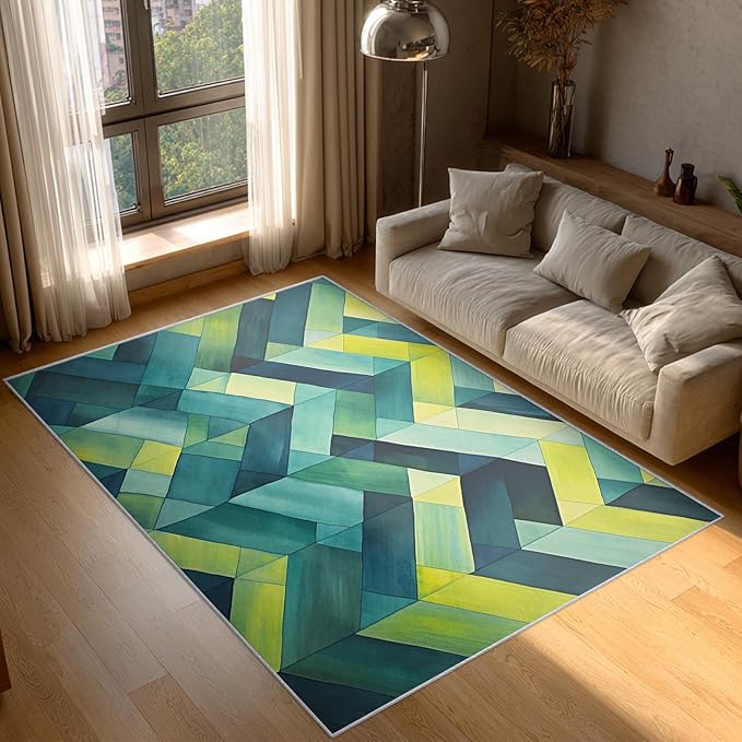 4x4 Geometric Zigzag Rugs for Bedroom Decor, Washable Green Chevron Pattern Area Rug, Living Room Home Decoration, Non Slip Soft Thin, Modern Abstract Geometry Decor Carpet PF-P 49