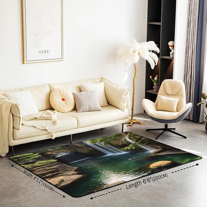 Waterfall Large Area Rug 5x7 Lake Cascade Scenery Living Room Rug | Chic Nature Art Mountain Rock Rugs for Bedroom, Sault Landscape Carpet Indoor Floor Mat
