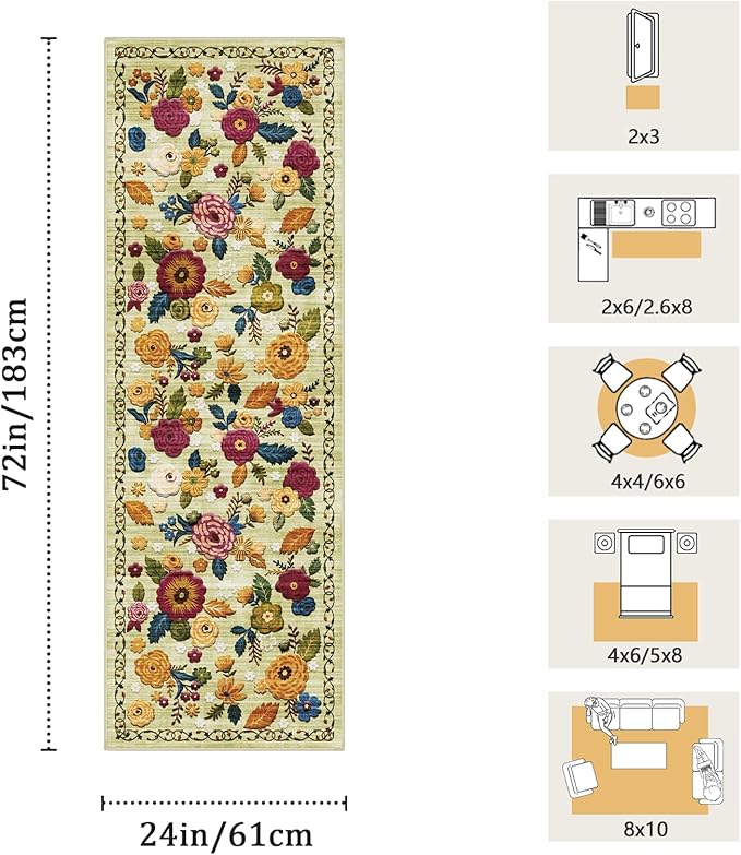 2x6 Machine Washable Runner Rug, Kitchen Hallway Area Rug Green Vintage Boho Floral Ultra Non-Slip Low Pile Soft Faux Wool Carpet, Kids and Pets Friendly for Bedroom Entryway Nursery Home Decor Rug