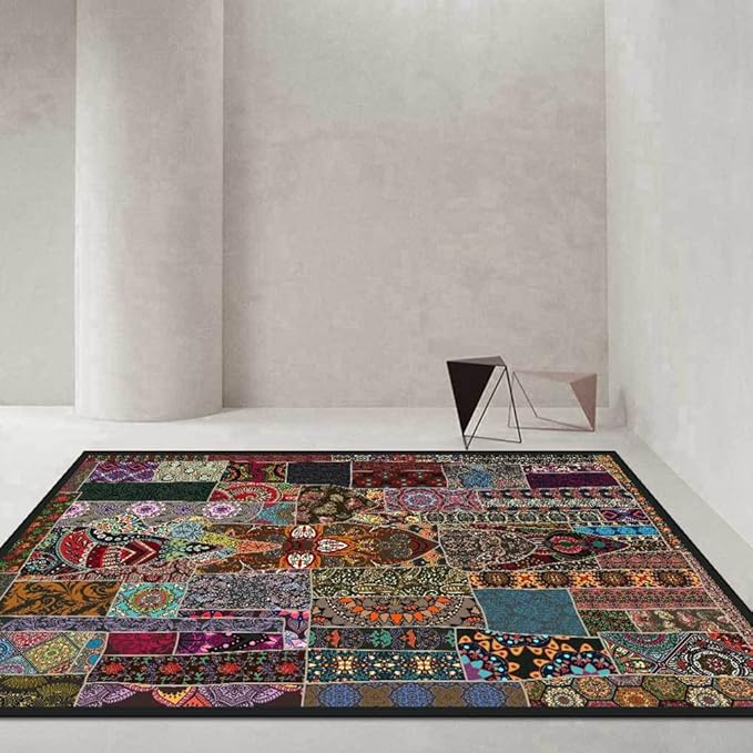 Vintage Boho Area Rugs Multicolor Ethnic Style Geometric Splicing Carpets Bedroom Living Room Kitchen Floor Mats Indoor Outdoor Non-Shedding Runner Rug Home Décor Carpet 3' X 3'