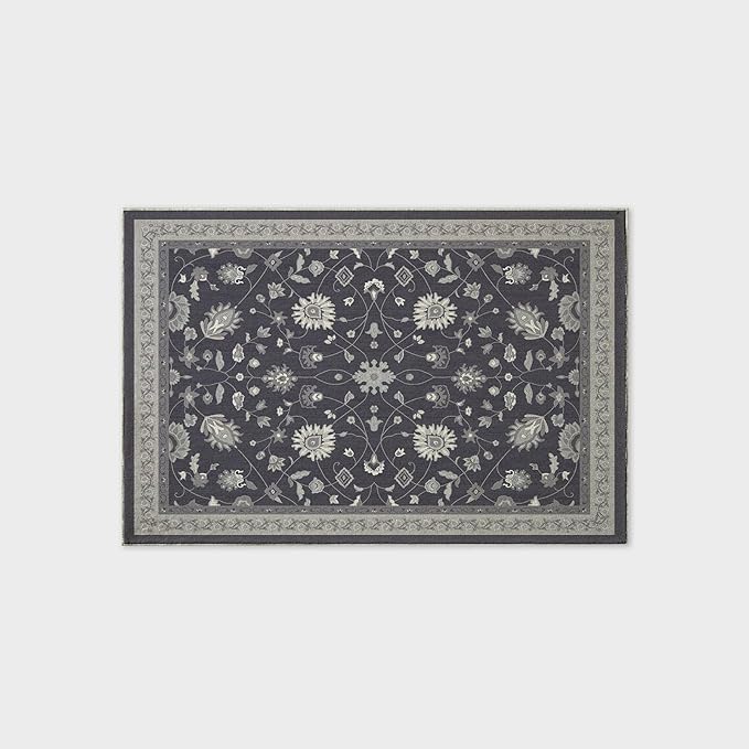 EVERGRACE Area Rugs for Entryway 2x3, Boho Floral Faux Wool Indoor Outdoor Small Rugs, Washable Rugs for Bedroom Bathroom Laundry Doormat, Low Pile Floor Mat Carpet for Home Decor, Ebony Black