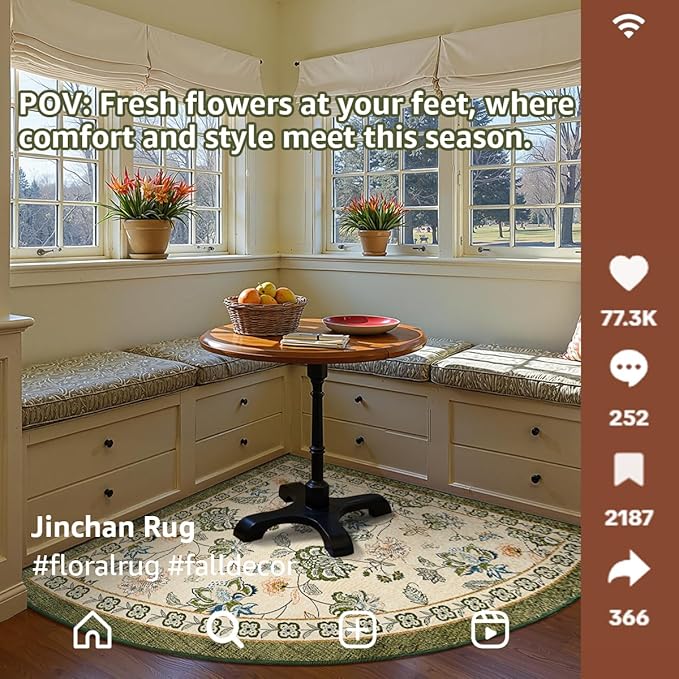 jinchan Elora Floral Corner Rug for Kitchen Washable Nursery Rug Vintage Romance Design Non Slip Quarter Circle Lightweight Low-Pile Throw Carpet for Playroom Reading Nook, 5ft Radius, Green/Beige