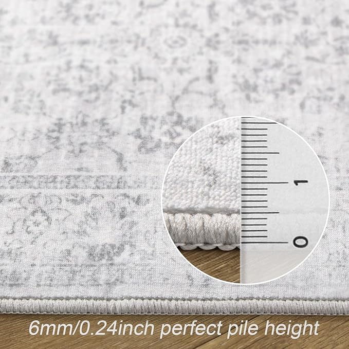 LIVEBOX Washable Runner Rug 2.5x8 - Long Grey Kitchen Rug, Low-Pile Floral Oriental Anti-Skid Carpet Runners for Hallway Bedroom Entryway, Silverygray