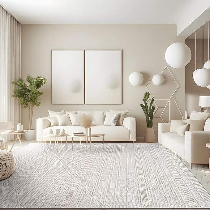 CAMILSON Micro Loop Rug 9x12 Modern Luxury Geometric Arch Large Area Rugs Soft High and Low Pile Stain Resistant Easy-Cleaning Non-Shedding for Living Room Office Indoor Carpet (9 x 12 / White)