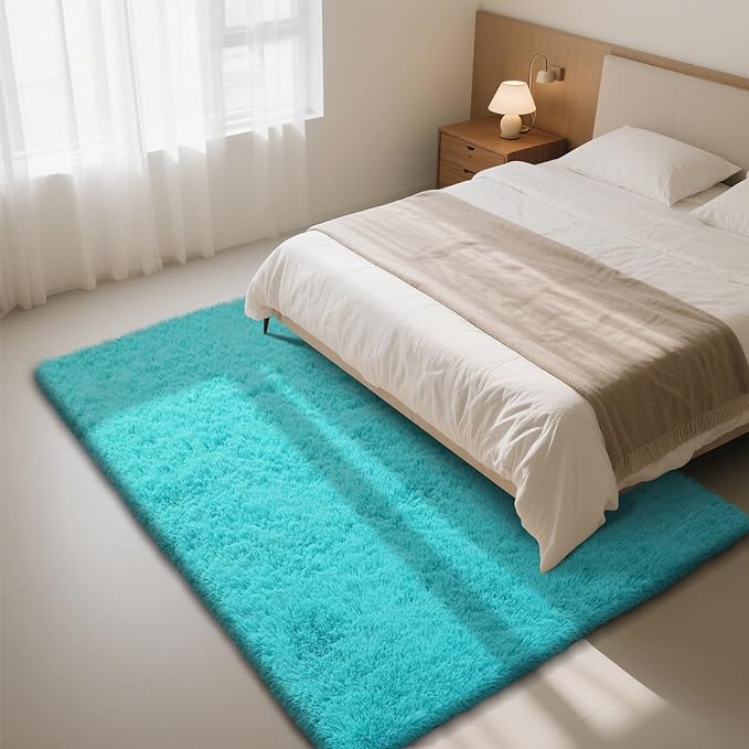 Teal Blue Rug Fluffy Rug, 10x14 Teal Area Rugs for Living Room, Soft Cute Baby Play Mat, Teal Rugs for Bedroom, Nursery, Preppy Dorm, Plush Aesthetic