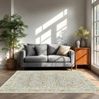 Vintage Beige Blue Living Room Rug, 5x7 Washable Area Rugs for Dining Room Under Table, Soft Low Pile Large Carpet Bedroom, Non-Slip Boho Floral (5 x 7 Beige Blue)