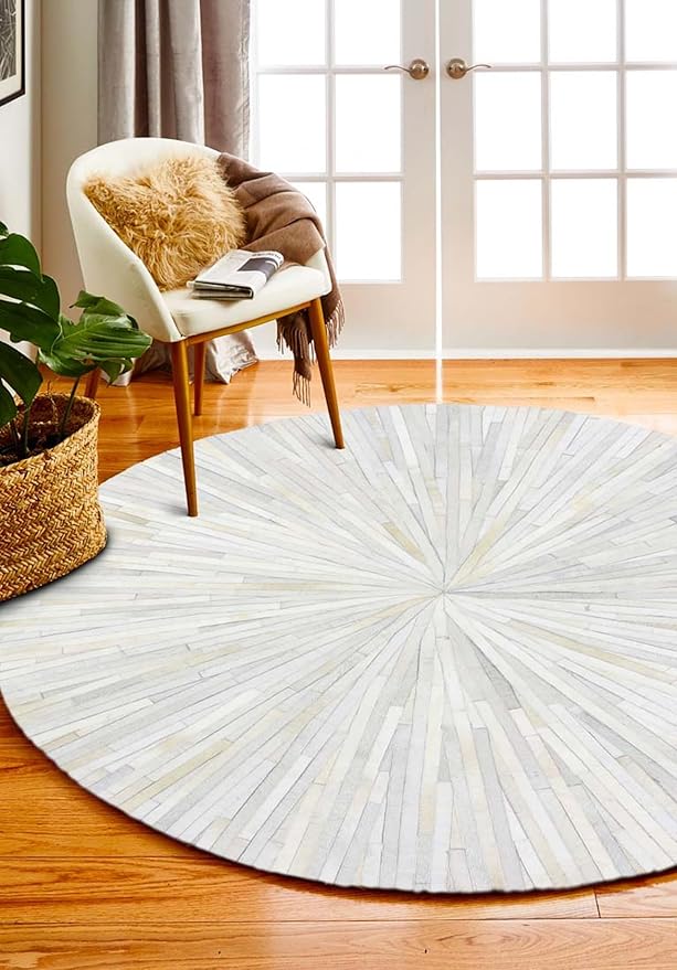 Faux Cowhide Round Area Rug | Non-Slip Leather Floor Carpet for Living Room, Bedroom, and Home Décor | Modern Stylish Accent Rug(White_7x7)