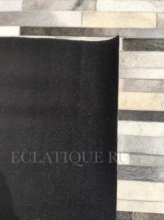 Cowhide Leather Rug for Living Room 8x10, Modern Stripes Style Floor Carpet, Dark Grey Area Rug for Home Decor