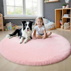 4x4 Round Solid Fluffy Pink Area Rug – Washable, Durable, Circle Bedroom Rug, Non-Slip High Pile Shag Rugs for Living Room, Bedside, Dorms, Grils Rooms, Kids Room, Soft Indoor Floor Carpet