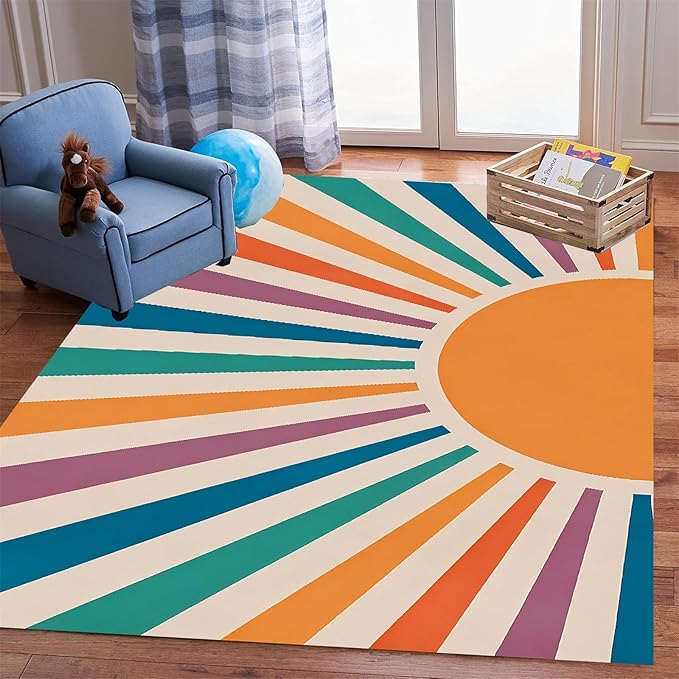 Rainbow Sun Area Rug,4x5ft,Colorful Boho Style Rug, Non-Slip Machine Washable Easy Care Carpet for Kids Girls Boys Bedroom, Living Room, Classroom, Office Decor
