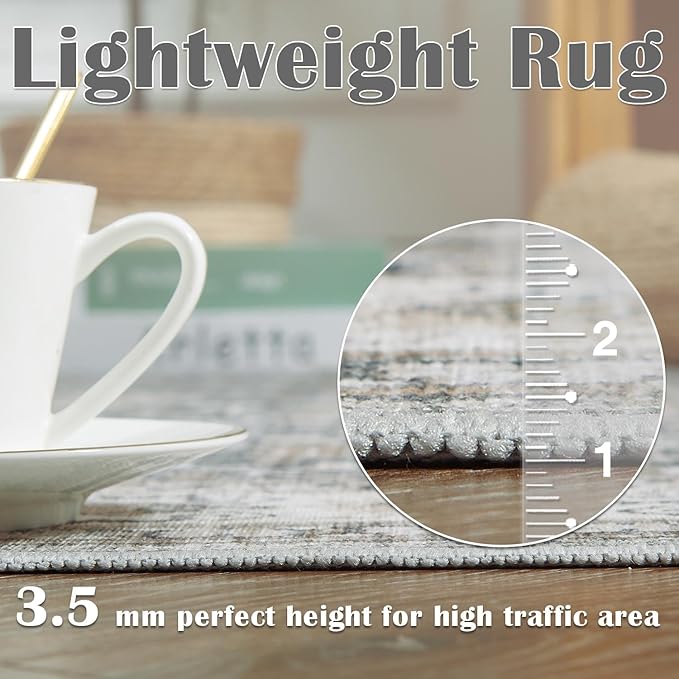 jinchan Area Rug 8x10 Washable Living Room Rug Vintage Distressed Gray Multi Floral Floor Cover Indoor Mat Retro Carpet Bedroom Kitchen Office Farmhouse Grey