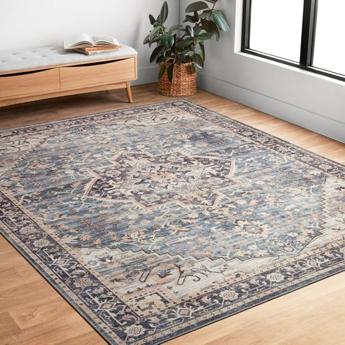 Loloi Hathaway Collection HTH-01 Navy/Multi 2'-3" x 3'-9", .25" Thick Accent Rug, Soft, Durable, Printed, Modern, Low Pile, Non-Shedding, Easy Clean, Living Room Rug