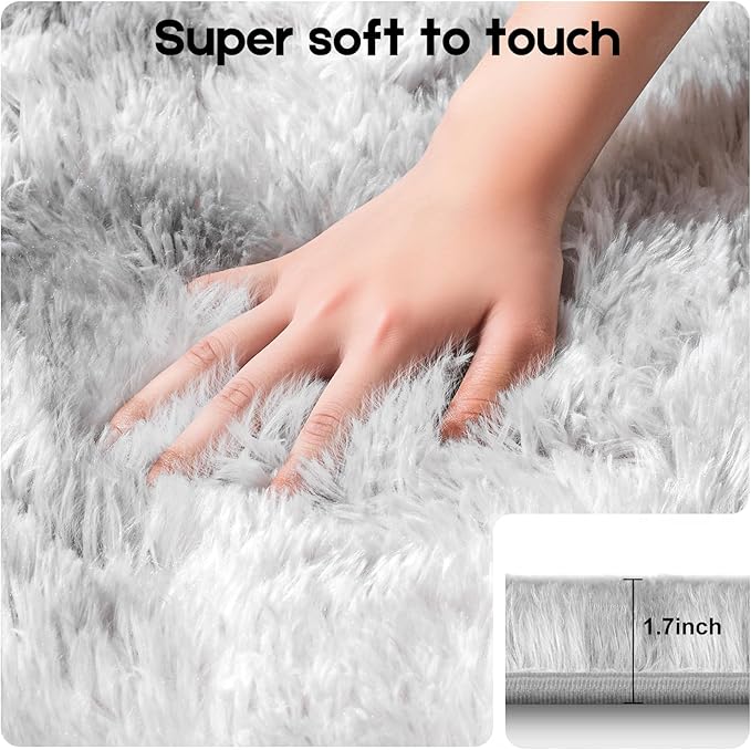 3x5 Tie-Dyed Grey Rugs for Bedroom Living Room, Fluffy Small Area Rug Soft Shag Carpet for Kids Boys and Girls Room with 4 Rugs Non-Slip Stickers Dorm Home Decor (3ft x 5ft)