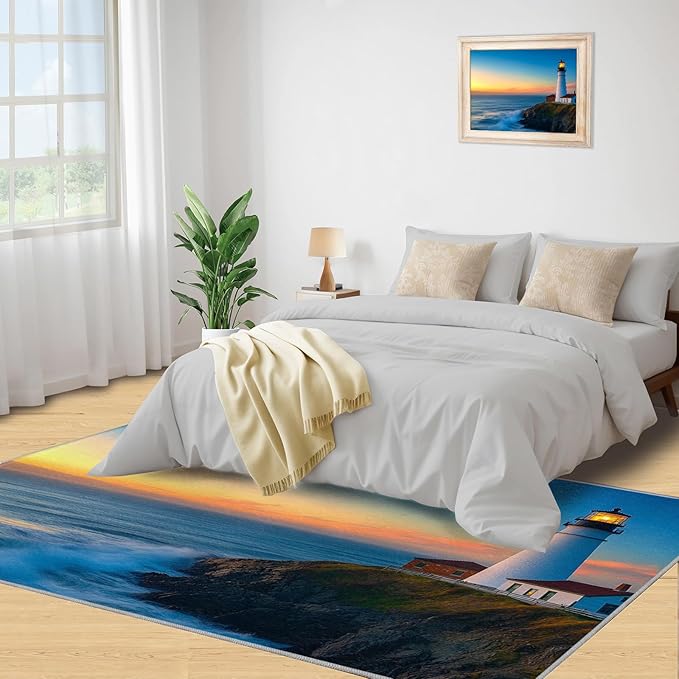 Coastal Rugs for Bedroom - 3x5 Area Rug - Ocean Lighthouse Rugs for Living Room, Sunset Ocean Scenery Rug, Non-Slip Washable Home Decor Carpet