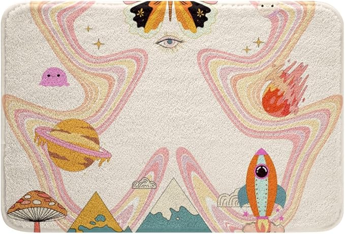 Erosebridal Groovy Butterfly Bath Rugs for Girls Trippy Hippie Mushroom Bathroom Mats Cute Pastel Rainbow Bath Carpets 20x32 Cartoon Rocket Planets Floor Mats Minimalism Snow Mountain Bathroom Rugs