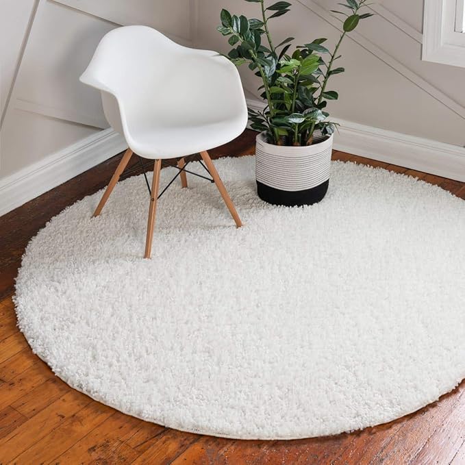 Unique Loom Davos Shag Collection Area Rug - Solid (6' 1" Round, White/ Ivory)