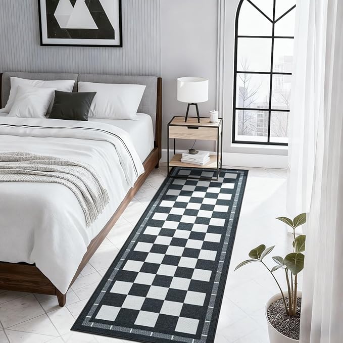 Vasofe Jute Checkered Runner Rug, 2x6 Black and White Washable Rugs, Modern Runners for Hallway Non-Slip Kitchen Mat, Farmhouse Checkerboard Indoor Outdoor Carpet for Porch Laundry Entryway