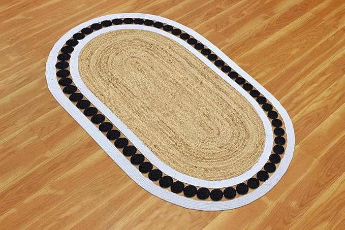 Jute Oval Rug 4x8 Kilim Rug Natural Oval Thick 0.27" Solid Design Black Beige Hand Braided Jute Flatweave Mat Handmade Boho Indoor Outdoor Rugs for Bedroom Living Room Dining Room