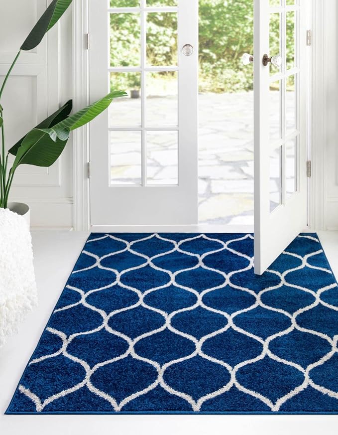 Rugs.com Lattice Frieze Collection Rug – 4' Square Navy Blue Medium Rug Perfect for Living Rooms, Kitchens, Entryways