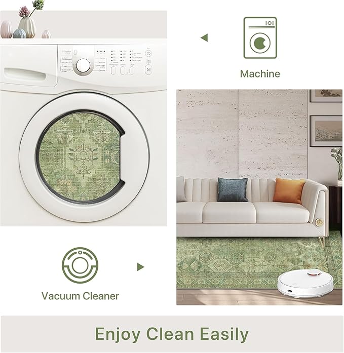 Bavni Washable Rug 5x7 Area Rug for Living Room Bedroom Dining, Washable Vintage Print Carpet, Ultra-Thin Chenille Low Pile Lightweight Rug with Non Slip Backing, Light Green