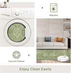 Bavni Washable Rug 5x7 Area Rug for Living Room Bedroom Dining, Washable Vintage Print Carpet, Ultra-Thin Chenille Low Pile Lightweight Rug with Non Slip Backing, Light Green