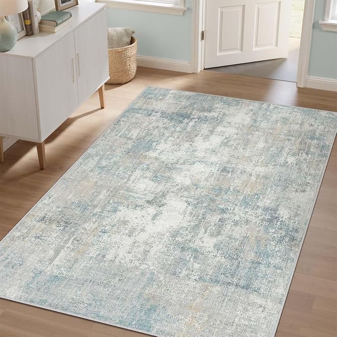 4x5 Washable Area Rug Blue Cream Abstract Entryway Office Throw Rug Neutral Modern Non Slip Soft Low Pile Lightweight Carpet for Kitchen Living Room Bedroom Entrance