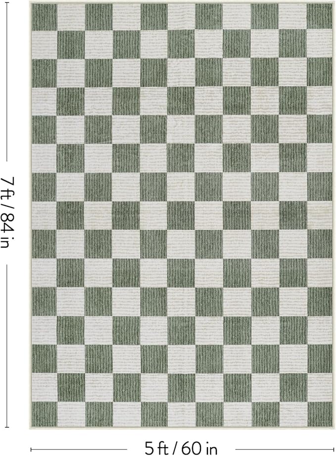 Machine Washable 5x7 Area Rugs for Living Room Checkered, Non Slip Soft Low Pile Farmhouse Geometric Modern Neutral Playroom Boys Rugs for Bedroom, Large Carpet Rugs for Dining Room(Sage Green,5'x7')