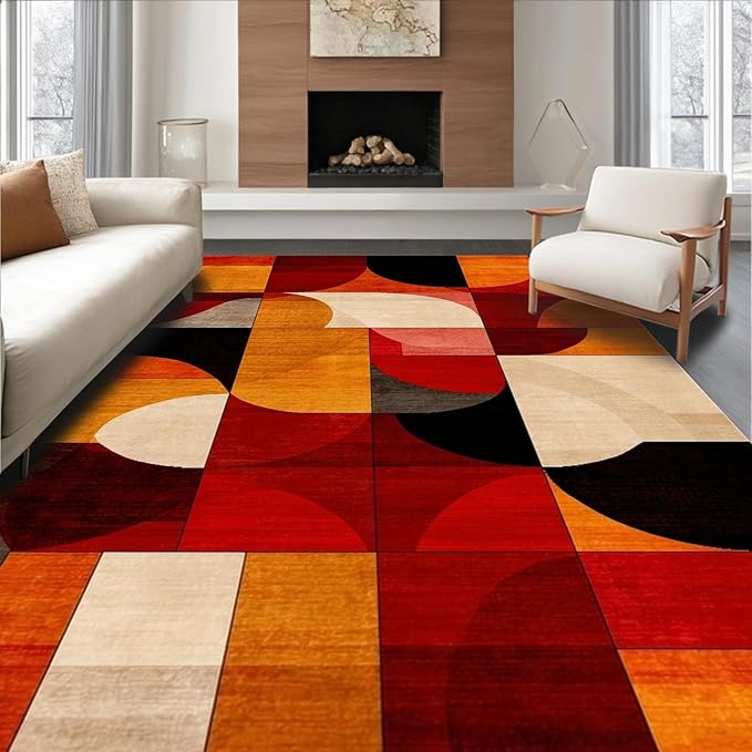 Flatwoven High Traffic Area Rug 4x6, Ember Abstract Geometric Shape Throw Indoor Floor, Non Slip, Stain Resistant, Washable Area Rugs for Living Room, Bedroom (Orange, 4x6)
