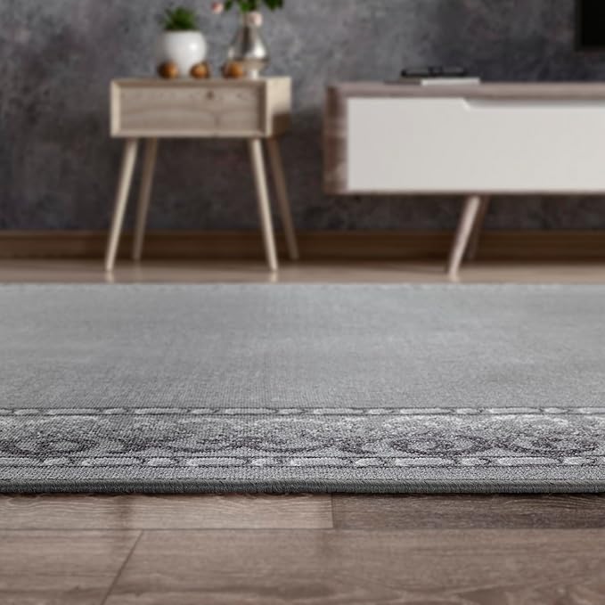 Antep Rugs Alfombras Bordered Modern 4x6 Non-Slip (Non-Skid) Low Pile Rubber Backing Indoor Area Rug (Gray, 4' x 5'8")