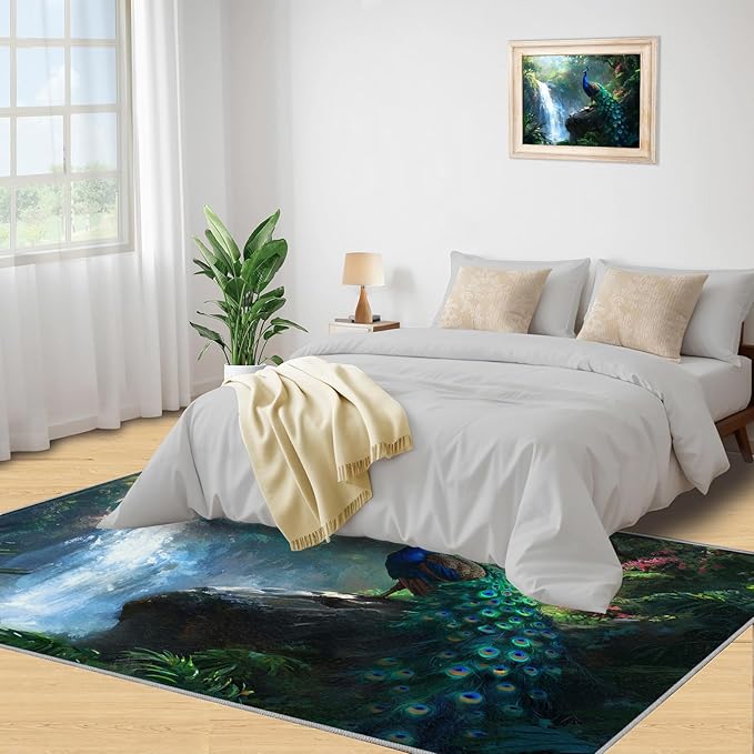 Peacock Rugs for Bedroom - 6x9 Rug, Peacock Decor Area Rugs for Living Room, Natural Landscapes Carpet, Waterfall Washable Area Mat, Aesthetics Carpet - Peafowl Home Decor & Gifts