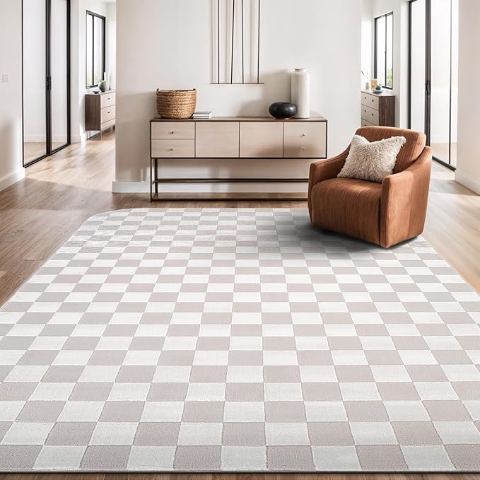 Beverly Rug Modern Geometric Area Rug 4x6 Low-High Pile Durable Soft Abstract Checkered Indoor Rugs for Living Dining Room Office Stain Resistant Non Shedding Casual Indoor Carpet Beige White 4 x 6