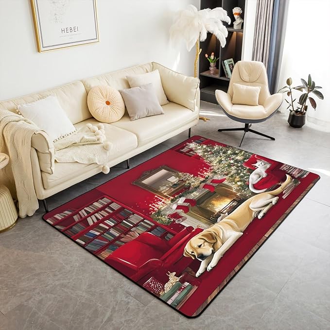 Merry Christmas Area Rug 3x5 Puppy Christmas Tree Rugs for Living Room | Little Cat Pup Dog Washable Rug, Cute Pet Animal Golden Retrievers Carpet Indoor Floor Mat