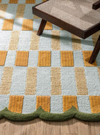 Hand-Tufted Wool Rug with Scalloped Edges, Light Blue Plaid Pattern, Cozy Soft Area Rug for Living Room, Bedroom, and Nursery, Handmade Modern Accent Rug, 6x8 Ft