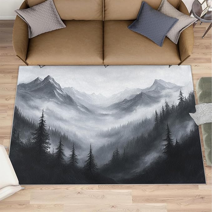 Misty Forest Rugs for Bedroom - 3x4 Area Rug - Modern Black White Art Rugs for Living Room, Natural Landscape Rug, Washable Home Decor Carpet
