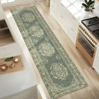 jinchan Hallway Runner Rug 2x10 Vintage Floral Distressed Design - Machine Washable Non-Slip Low-Pile Soft Thin Faux Wool Kitchen Carpet for Farmhouse Bedroom Laundry Room(2x10ft,Dark Green)