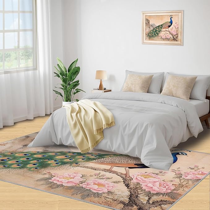 Peacock Peony Area Rug 3x4-3x4 Rug, Classic Peacock Peony Rugs for Living Room, Floral Animal Carpet, Peafowl Feather Washable Area Rugs for Bedroom, Aesthetics Carpet - Peafowl Home Decor & Gifts