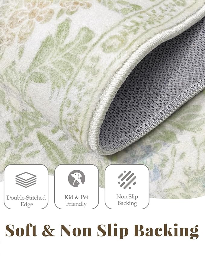 Washable Sage Green Living Room Area Rug 6x9, Boho Botanical Area Rug for Bedroom, Kitchen Table, Nursery, Home Office - Low Pile Non-Slip Vintage Carpet - Soft Farmhouse Accent Mat