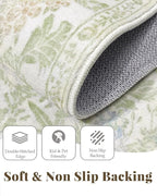 Boho Sage Green Bedside 3x5 Washable Rug for Bedroom, Thin Botanical Vintage Area Rug for Large Entry, Dorm, Kitchen, Foyer, Mudroom, Laundry - Cottage Core Low Pile Non Slip Indoor Front Door Carpet