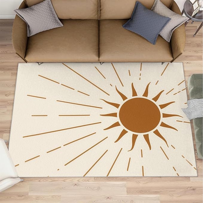 Boho Sun Area Rugs 4x6ft, Radiant Sunburst Carpet for Bedroom, Geometric Solar Rug for Living Room Easy to Clean for Indoor Outdoor Hardwood Floors Home Decor
