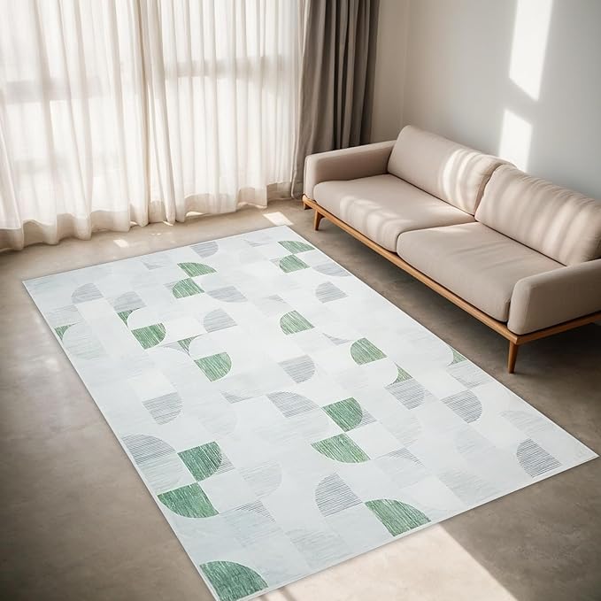 Green Modern Abstract Rug Washable, Boho 5x7 Area Rugs for Living Room Bedroom Low-Pile, Large Throw Floor Carpet Non Slip Ultra-Thin Soft Indoor Light Green