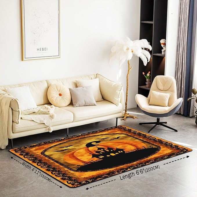 Halloween Pumpkin Large Area Rug 5x7 Spooky Haunted House Living Room Rug | Vintage Gothic Rugs for Bedroom, Castle Silhouette Carpet Indoor Floor Mat,Bats Halloween Decoration