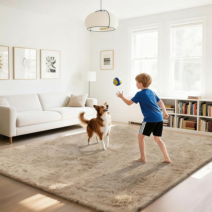 Fluffy Rug Shaggy Area Rug, Beige 6x9 Area Rugs for Living Room, Large Shag Area Rugs for Bedroom Kids Room Home Decor, Upgrade Anti-Skid Rectangular Fuzzy Rugs
