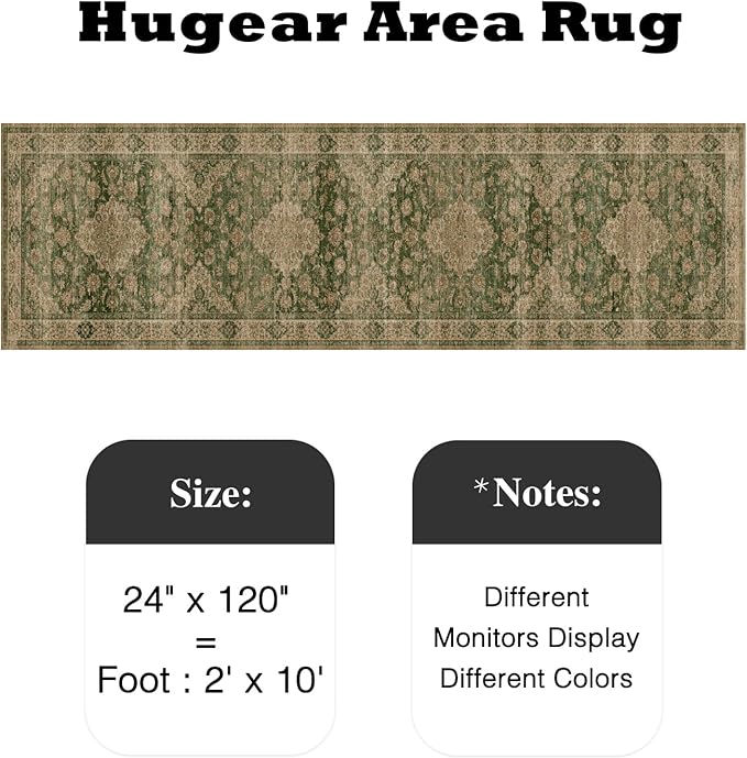 HUGEAR 2x10 Runner Rug Hallway Machine Washable Retro Green Vintage Floral Low Pile Carpet Distressed Long Throw Rug Bedroom Office Bathroom Kitchen Laundry Non Slip Soft Lightweight