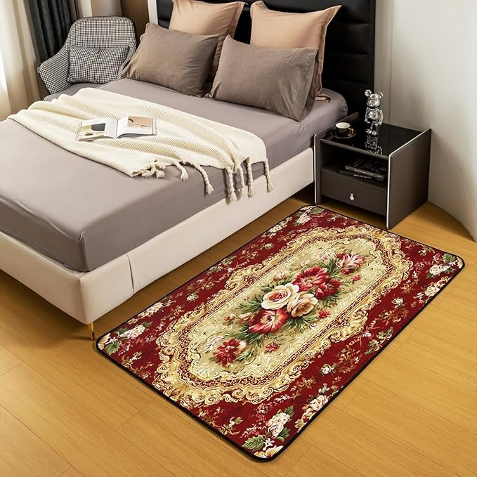Elegant Red Floral 3 x 5 Area Rug Gold Geometric Rugs for Living Room | Bohemian Nordic Floral Washable Rug, Antique Decor Victorian Damask Carpet Indoor Floor Mat